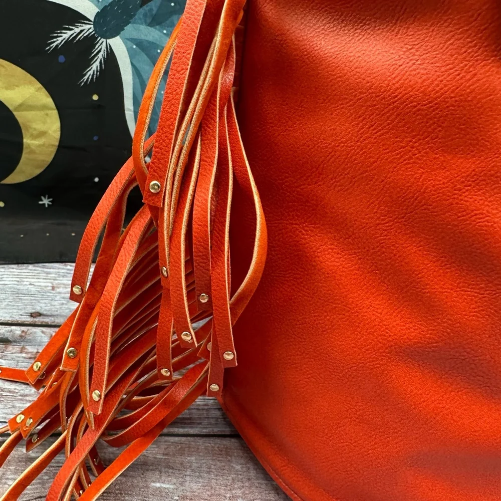 BCBG | Fringe Drawstring Bucket Bag Red NWT